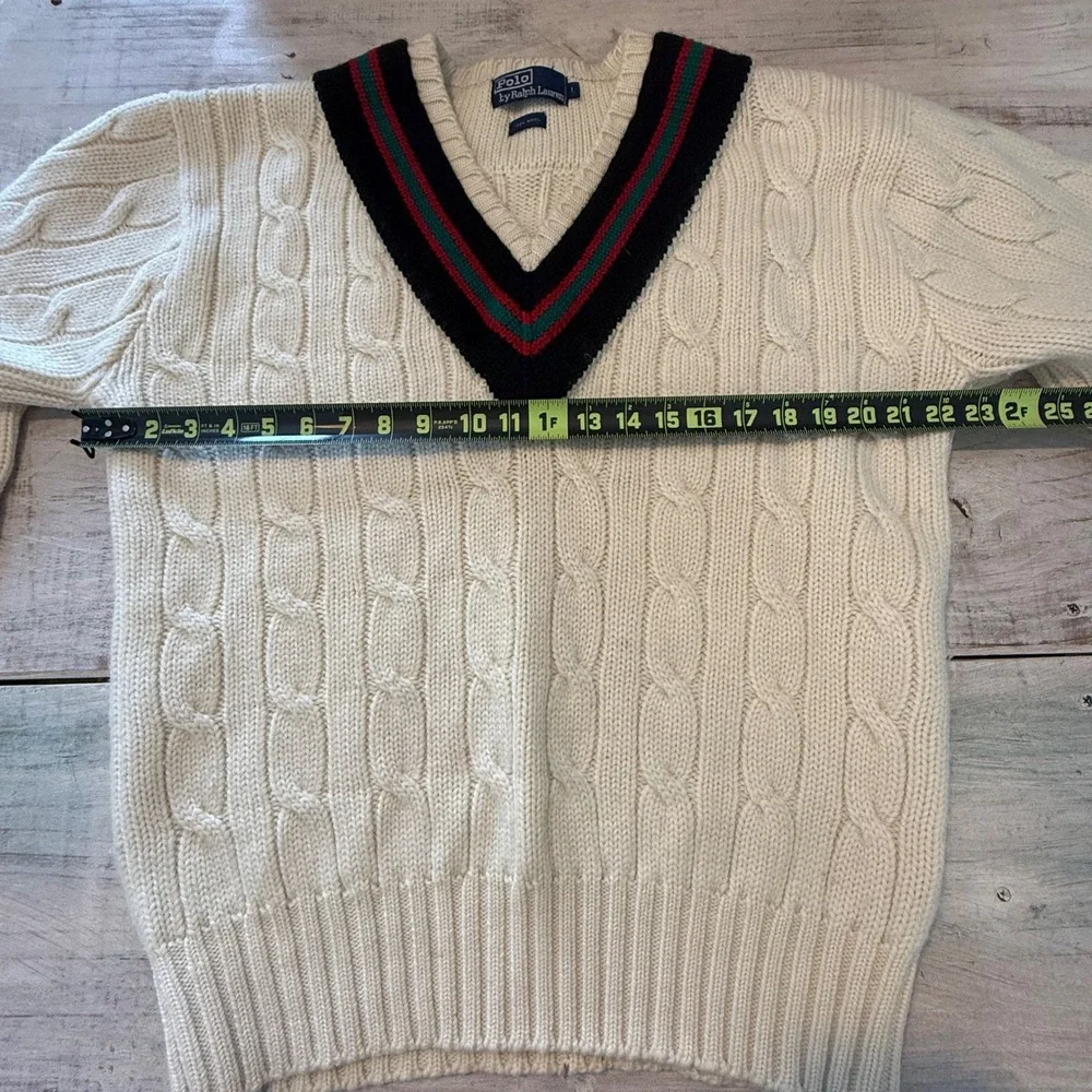 Vintage Polo Ralph Lauren 100% Wool Cable Knit Tennis Sweater Cream Mens Large‎